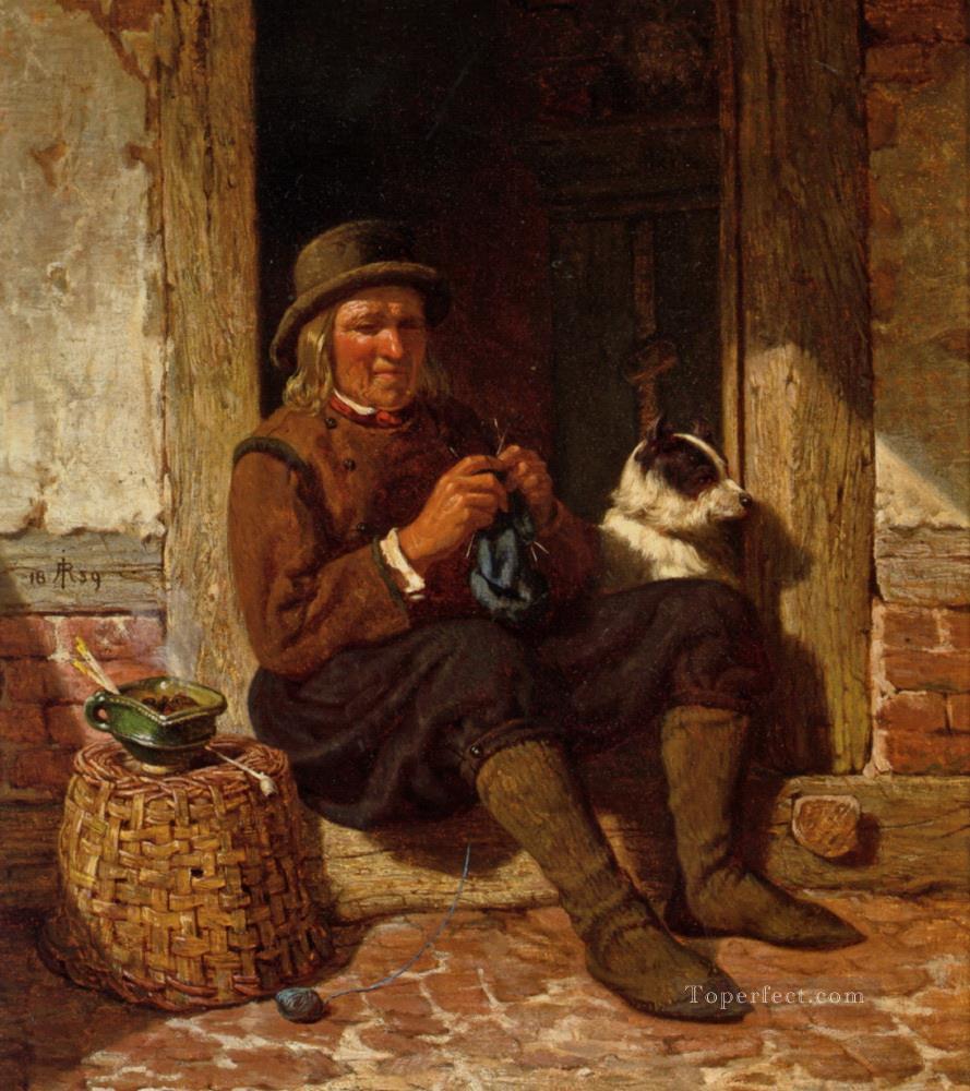 Un homme assis dans une porte à tricoter avec son chien Peintures à l'huile